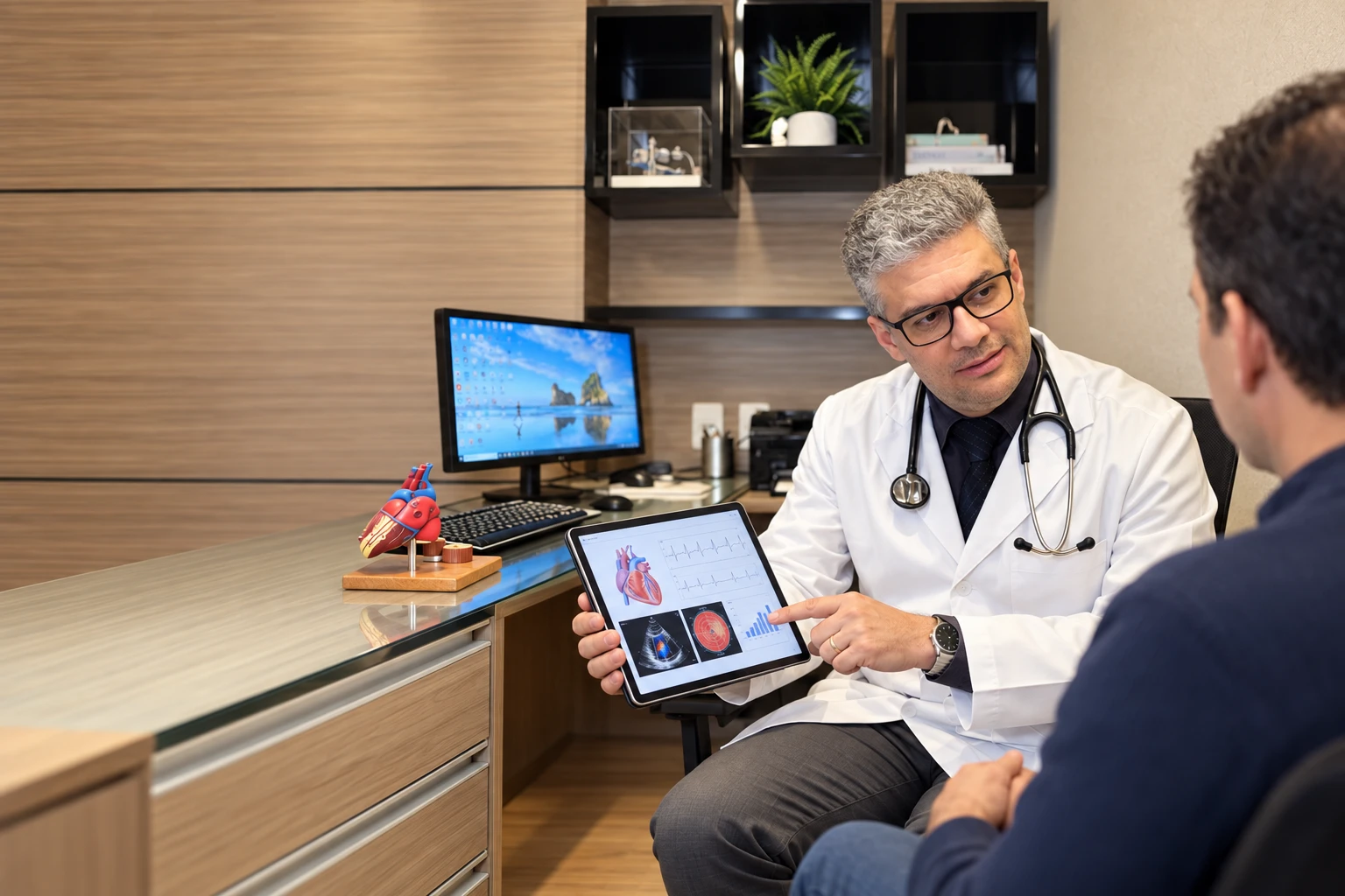 Cardiologista da Centrocor mostrando resultados de exames a um paciente