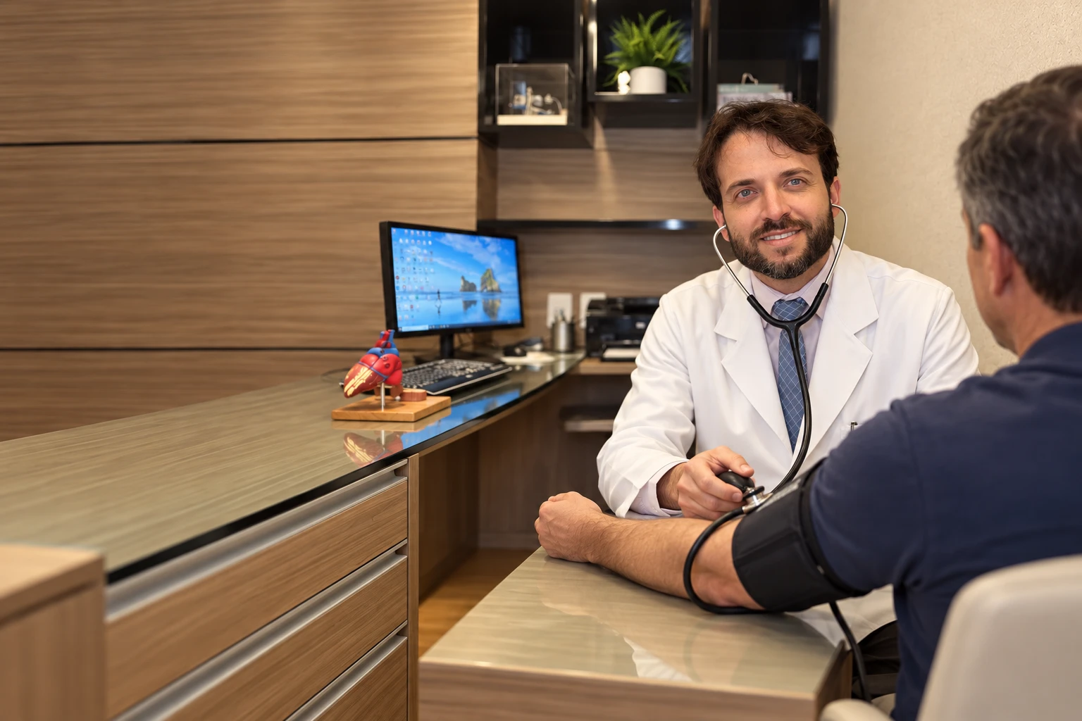 Cardiologista da Centrocor medindo a pressão arterial de um paciente