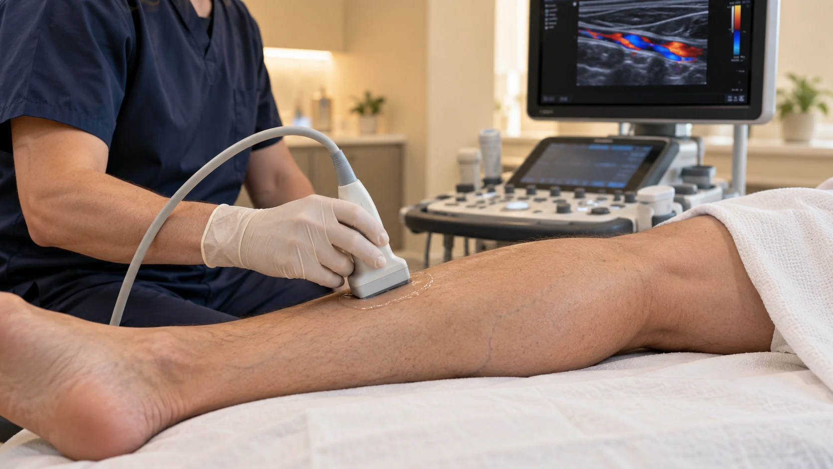 Exame de Doppler vascular na perna do paciente