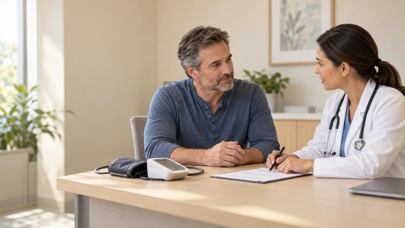 Médica conversando com um paciente durante a consulta