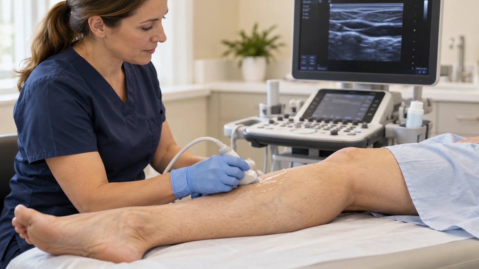 Exame de ultrassom vascular na perna de um paciente